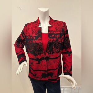 Ming Wang 2-Piece Red & Black Rose Floral Evening Jacket & Layering Top, medium